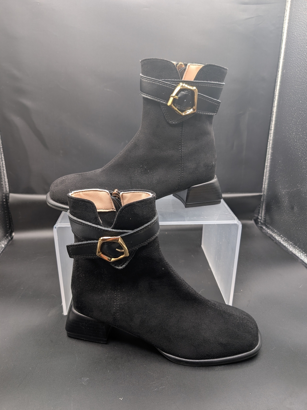 Women’s Black Suede Ankle Boots with Gold Buckle